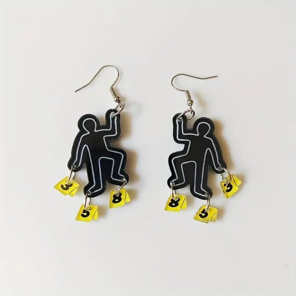 #29 Body Outline Evidence Marker Dangle Earrings - Murder Macabre Goth Eclectic - Picture 1 of 1